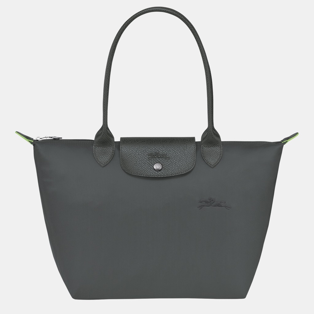 Longchamp Black M Green details Tote Bag with Signature Trapezoid Shape